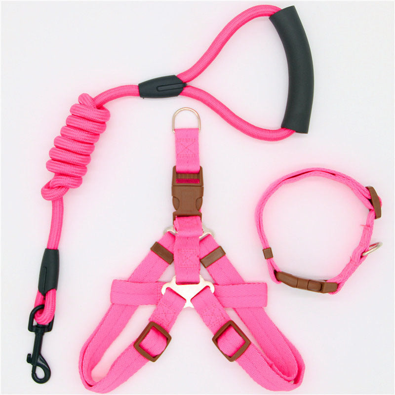 Pink dog leash, harness, and collar set on a white background