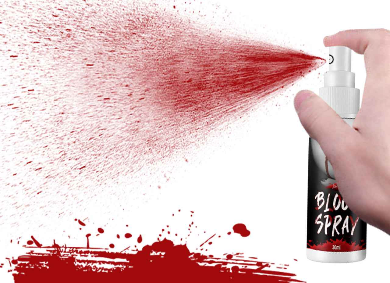 Bottle of blood spray with red liquid being sprayed onto a white background