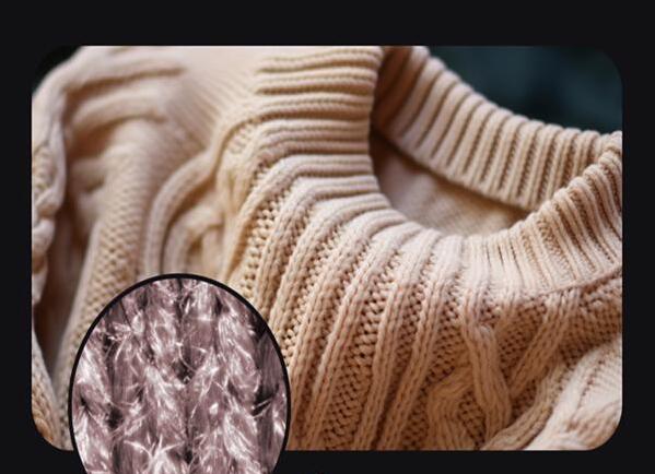Close-up of beige knitted sweater with a magnified inset showing texture details.