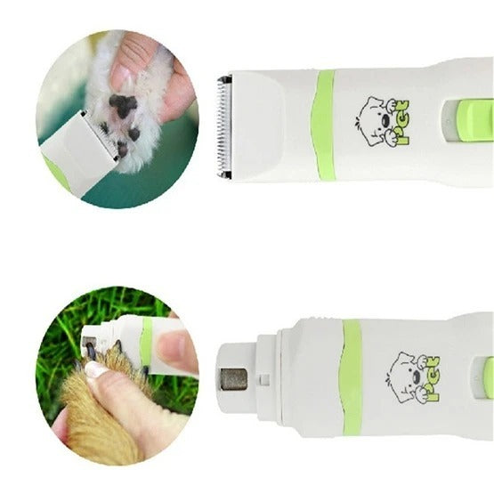 Pet grooming tool with close-up images of use on a white background