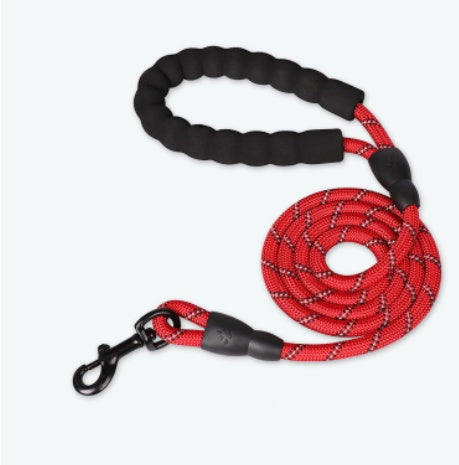 Red dog leash with black handle on a white background