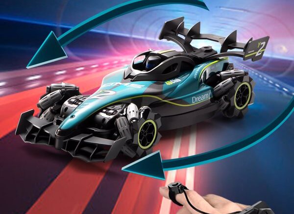 Toy race car with a colorful racing track background