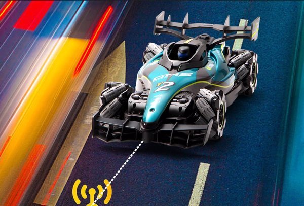 Futuristic racing car on a track with a blue and black design, featuring the number 2.