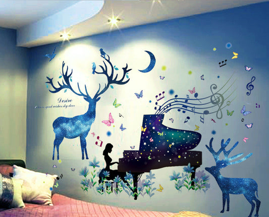 Wall decal of a deer, piano, and music notes on a blue wall.