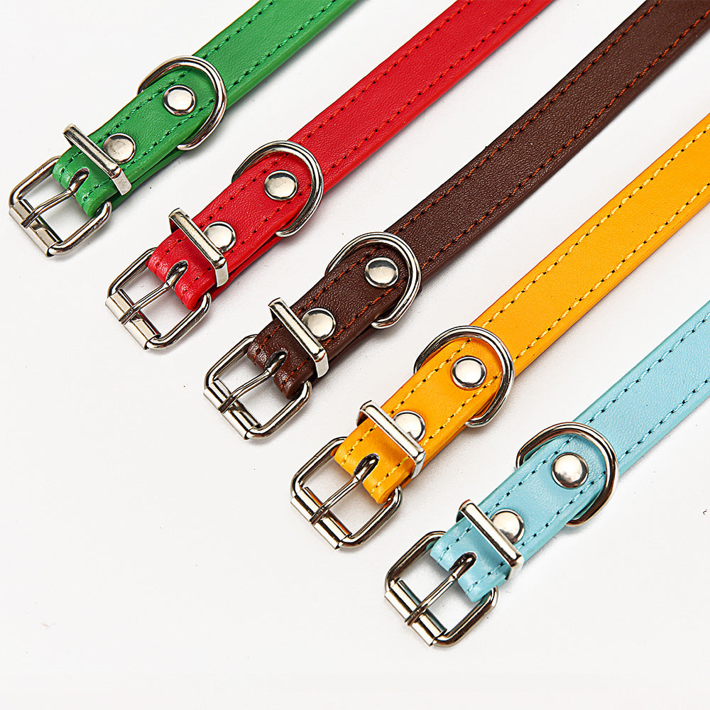Set of colorful leather dog collars with metal buckles on a white background