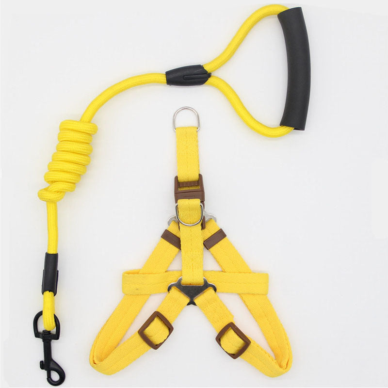 Yellow dog harness and leash set on a white background