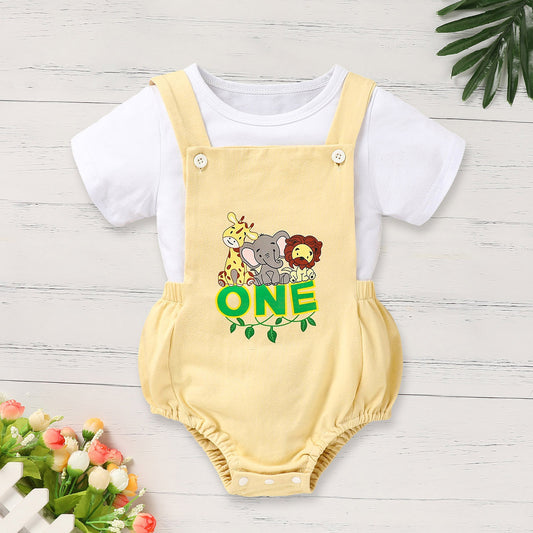 Yellow romper with animal graphics and 'ONE' text on a white background