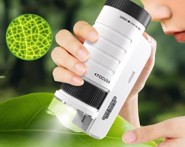 Hand holding a small white microscope with a close-up of a leaf's surface texture.