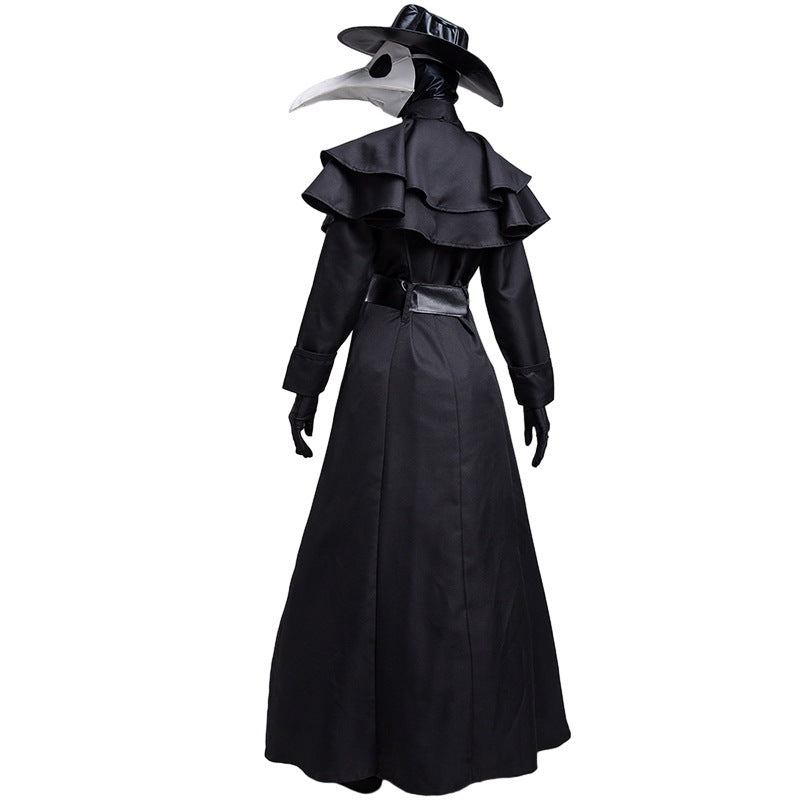 Black plague doctor costume with ruffled top and long skirt on a white background