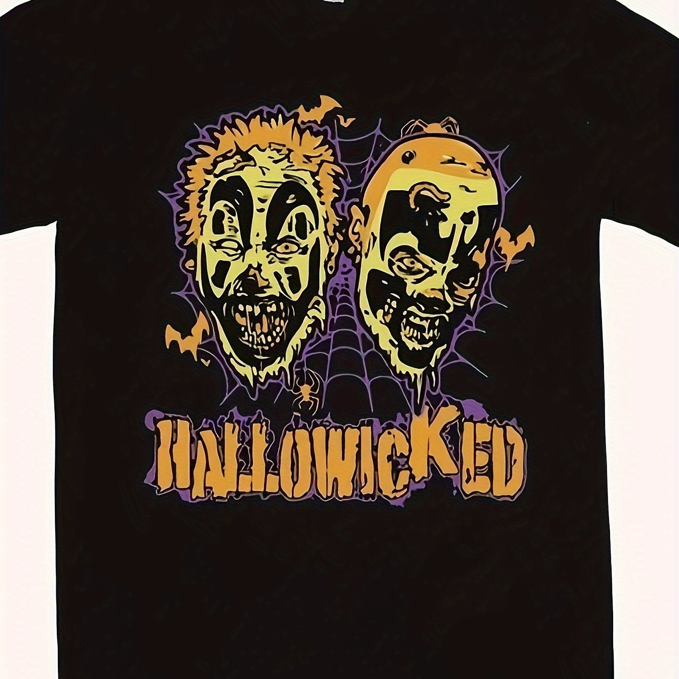 Black t-shirt with Halloween-themed design featuring two faces and 'Hallowicked' text.
