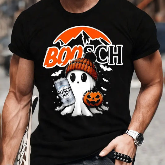 Black t-shirt with Halloween-themed design featuring a ghost, pumpkin, and Busch Light can.