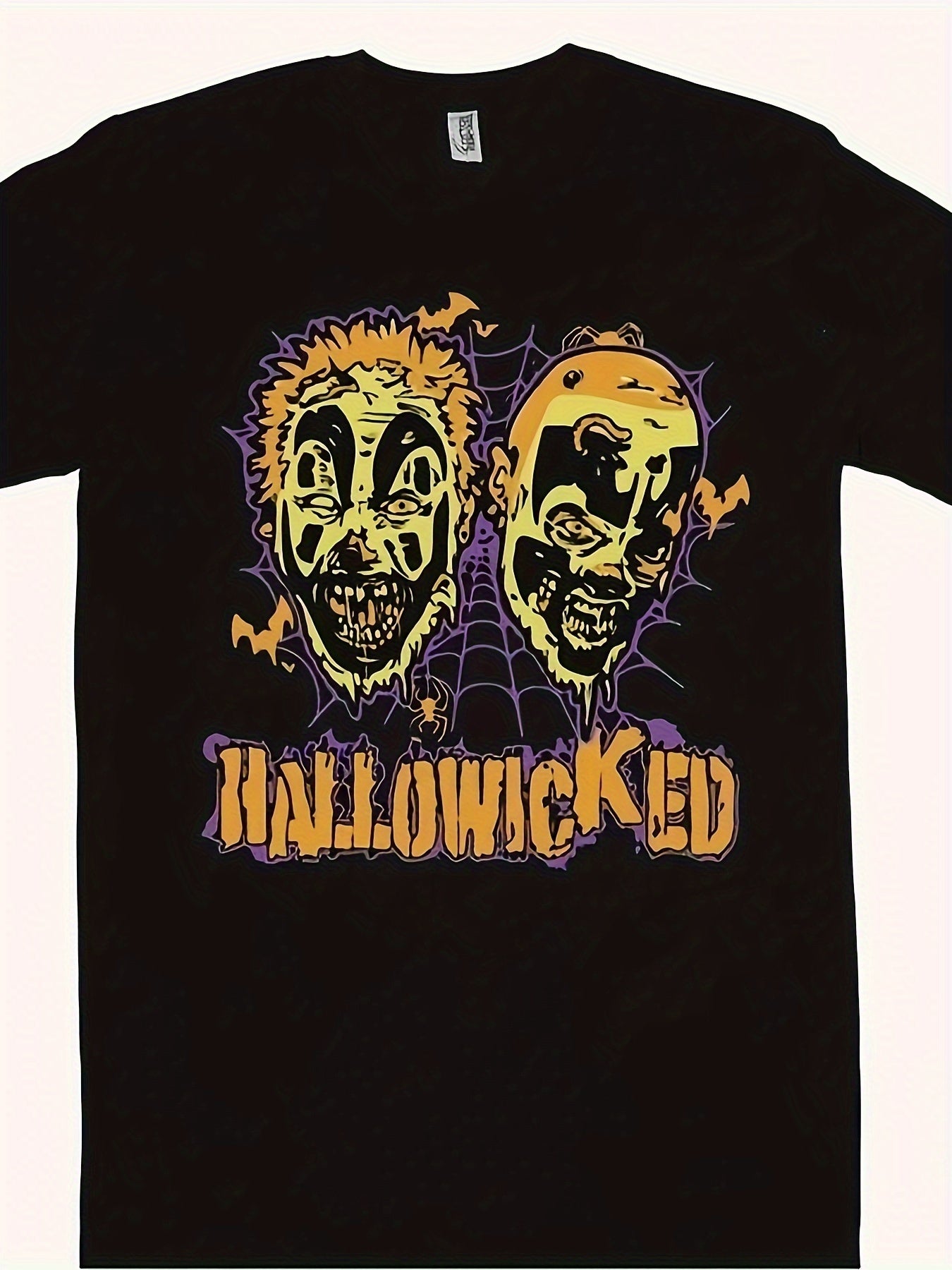 Black t-shirt with 'Hallowicked' graphic design featuring two faces and spider webs.