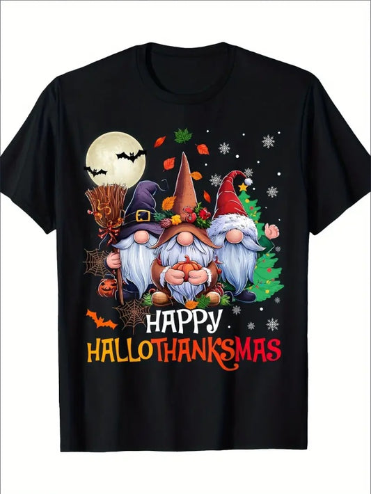 Black t-shirt with 'Happy HalloThanksMas' design featuring gnomes and Halloween elements on a white background.