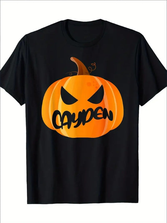 Black t-shirt with a pumpkin graphic and the name 'Cayden' on a white background