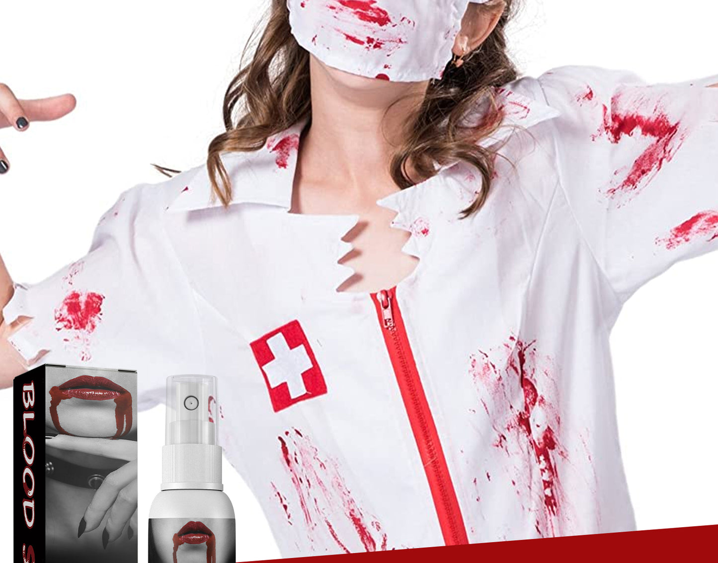 Person in a white coat with bloodstains, holding a box of 'blood' and a spray bottle, on a white background.