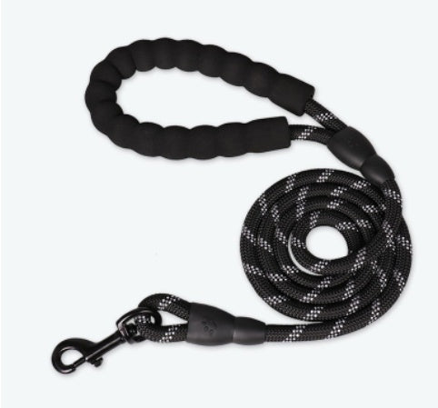 Black dog leash with handle on a white background