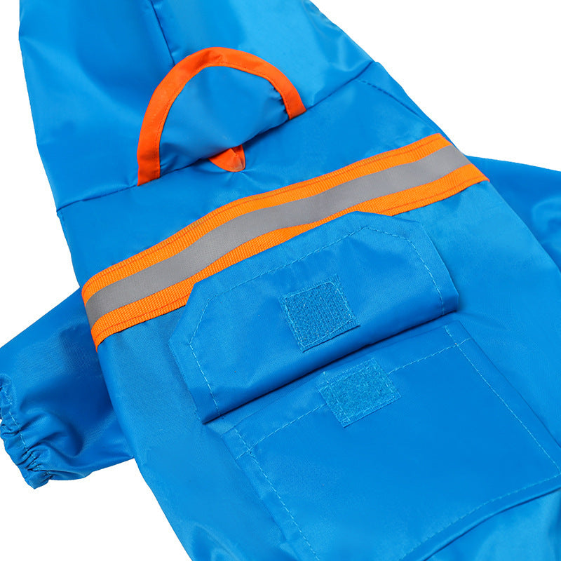 Blue raincoat with orange and reflective stripes on a white background