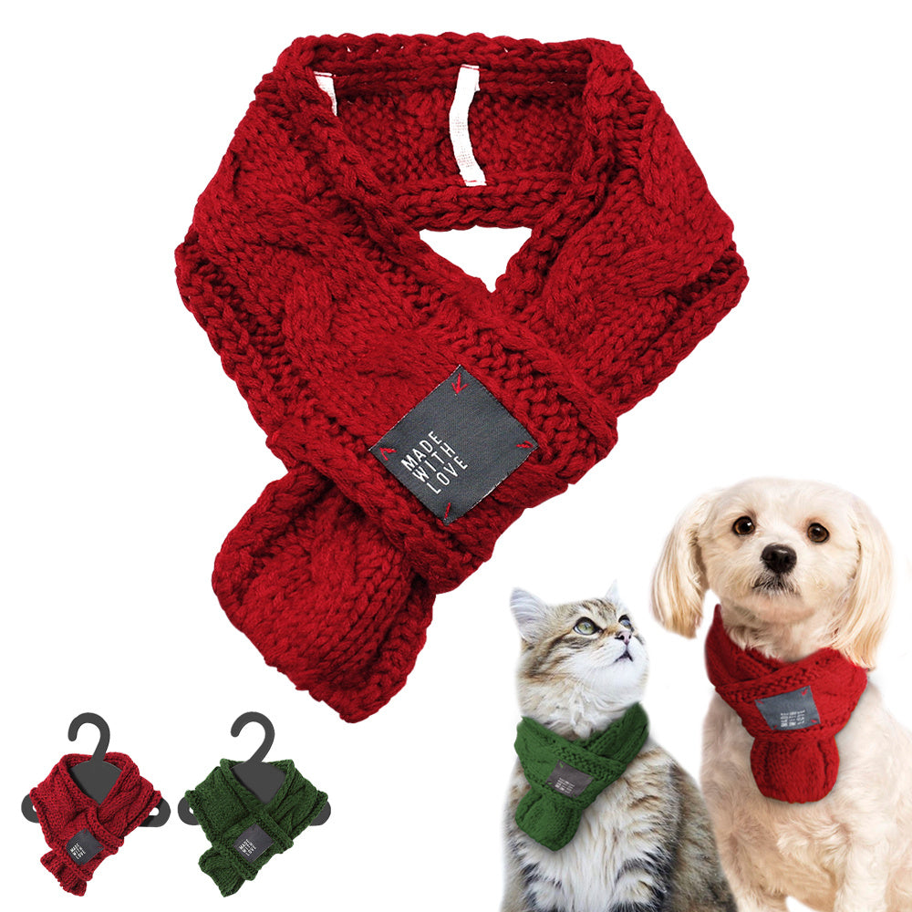 Red knitted scarf with 'Made with Love' tag, shown on a white background with a dog and cat wearing scarves.