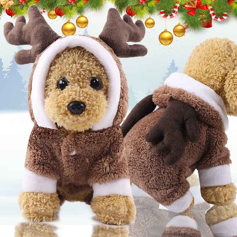Plush toy reindeer with a Christmas-themed background