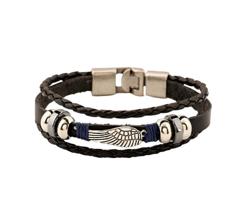 Black braided leather bracelet with metal accents on a white surface
