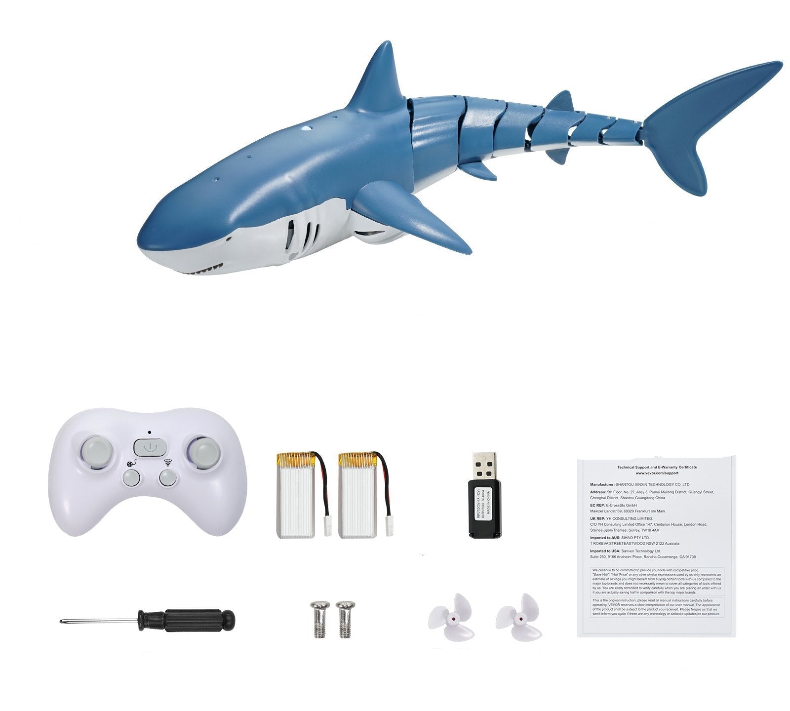 RC shark toy set with remote control, batteries, USB cable, screws, propellers, and manual on a white background