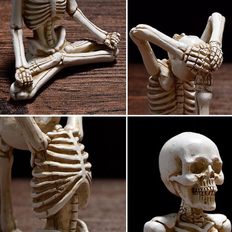 Collage of a skeleton figurine on a wooden surface with close-up details.