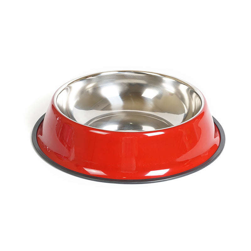 Red and silver pet bowl on a white background