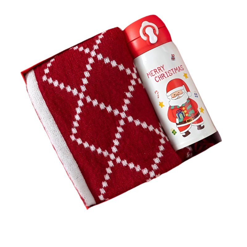 Christmas-themed thermos cup and scarf set in a red box on a white background
