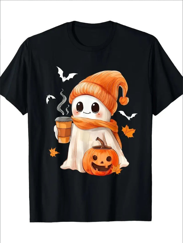 Black t-shirt with a Halloween-themed design featuring a ghost, pumpkin, and cup on a white background.