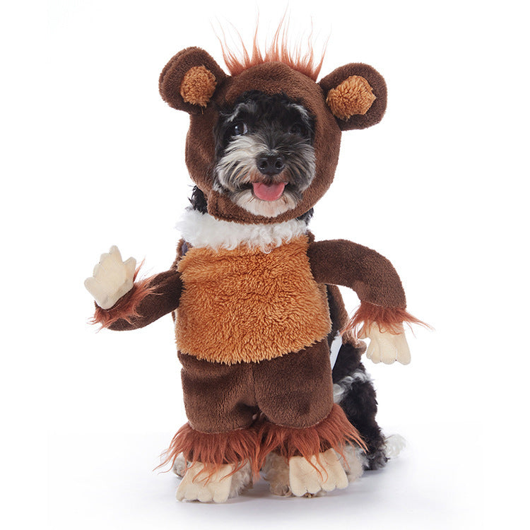 Dog wearing a brown Ewok costume from 'Star Wars' on a white background