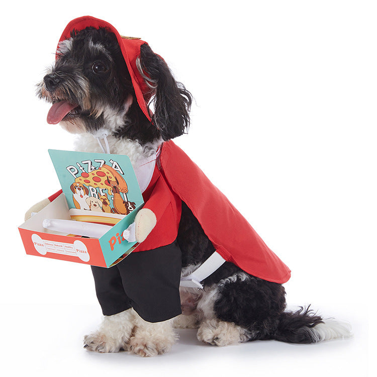 Dog wearing a red cape and holding a pizza box with a toy inside on a white background