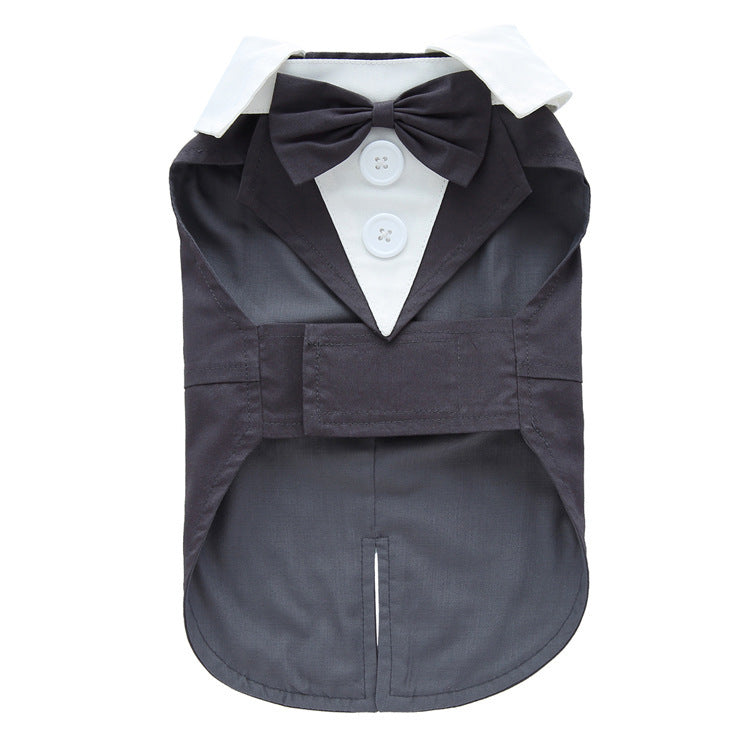 Dog coat designed like a tuxedo with a bow tie on a white background