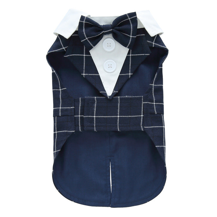 Navy blue checkered dog suit with white shirt and bow tie on a white background