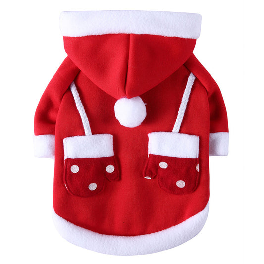Red pet hoodie with white accents on a white background