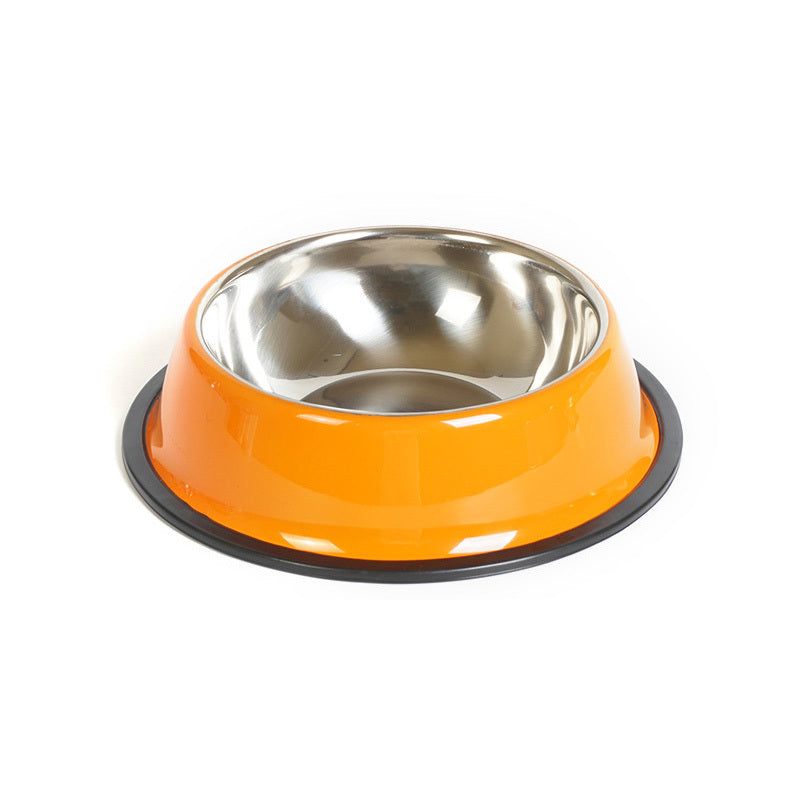 Orange pet bowl with a metal interior on a white background