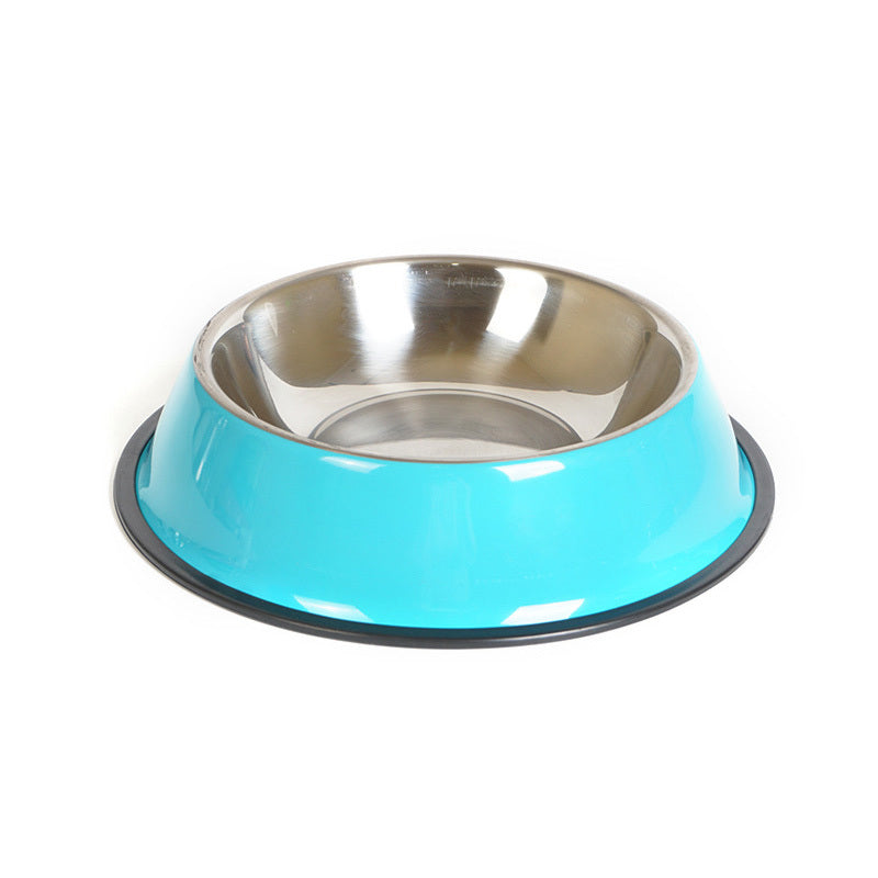 Stainless steel dog bowl with a blue exterior and black interior on a white background