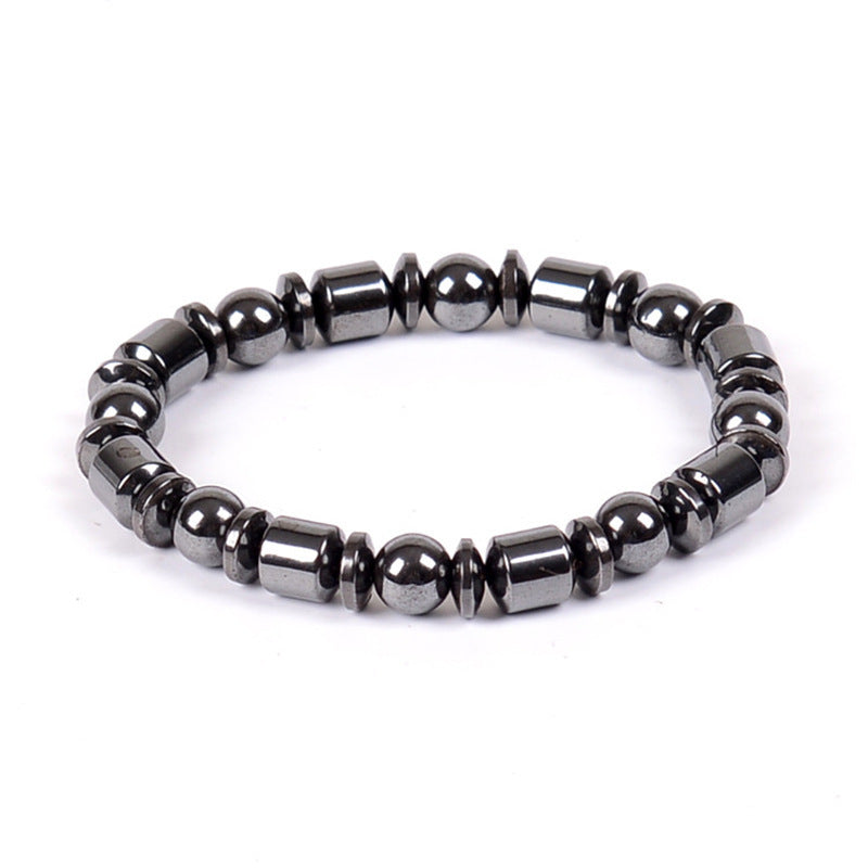 Hematite beaded bracelet on a white background