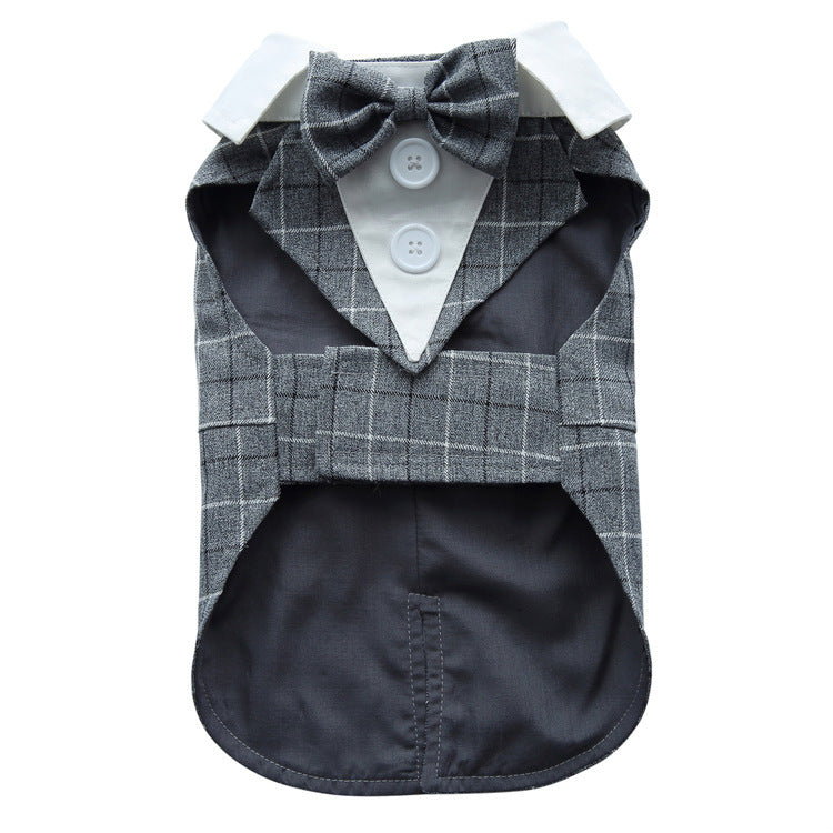 Dog outfit with gray checkered jacket, white shirt, and bow tie on a white background
