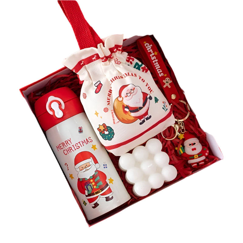 Christmas-themed gift set with water bottle, pouch, and keychain in a red box.