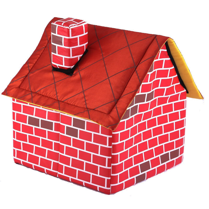 Red brick-patterned dog house with a yellow roof on a white background