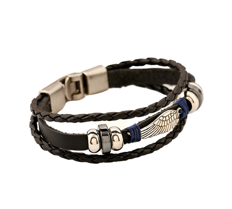 Multistrand leather bracelet with metal clasps on a white surface