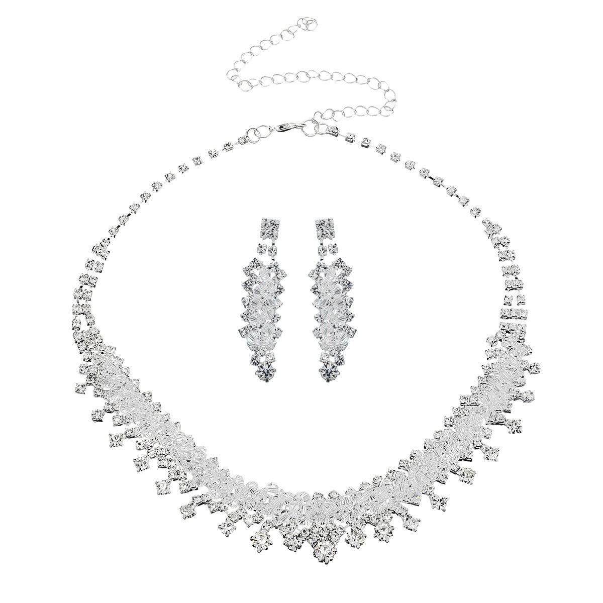 Silver necklace and earrings set on a white background