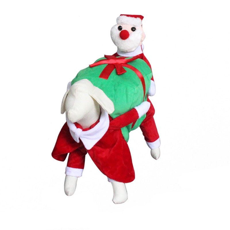 Plush toy resembling a dog in a Christmas-themed outfit on a white background