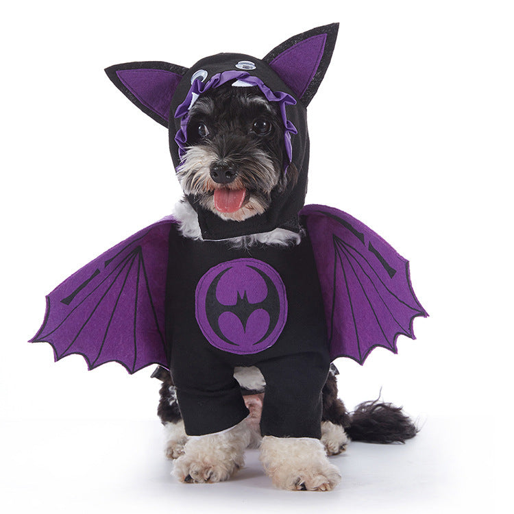 Dog wearing a black and purple bat costume on a white background