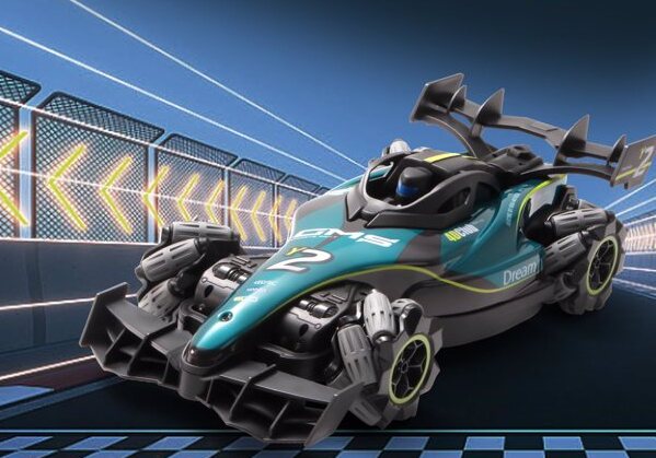 Toy race car with a futuristic design on a checkered track