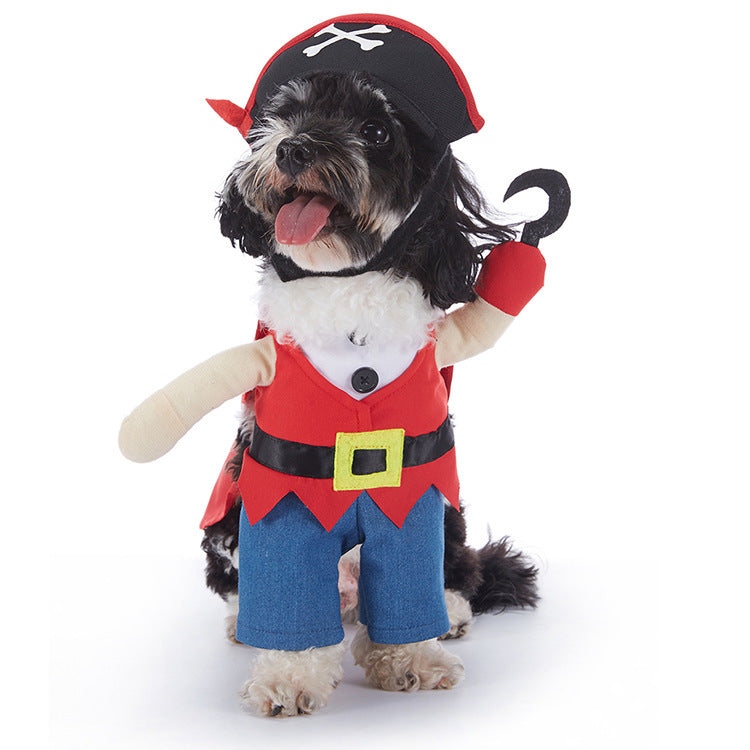 Dog wearing a pirate costume with a red vest, blue pants, and a black hat on a white background