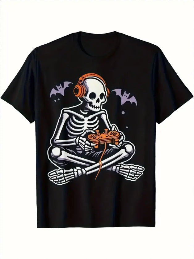 Black t-shirt with a skeleton wearing headphones and playing a guitar graphic design.