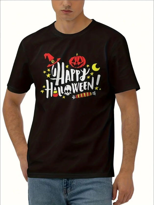 Black t-shirt with 'Happy Halloween!' design worn by a person on a white background