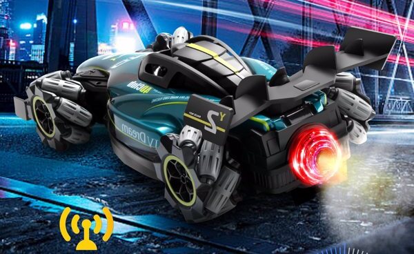 Toy vehicle with glowing red lights on a futuristic city background