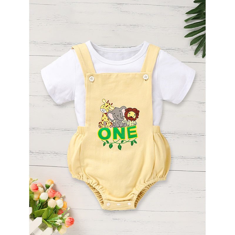 Baby romper with cartoon design and 'ONE' text on a white background